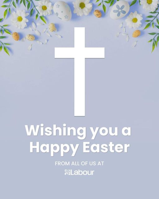 Wishing you a Happy Easter from all of us at Labour. Image shows a Christian cross with eggs and flowers