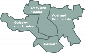 Graphic showing Leeds North West constituency shape comprising Otley and Yeadon, Adel and Wharfedale, Guiseley and Rawdon, and Horsforth