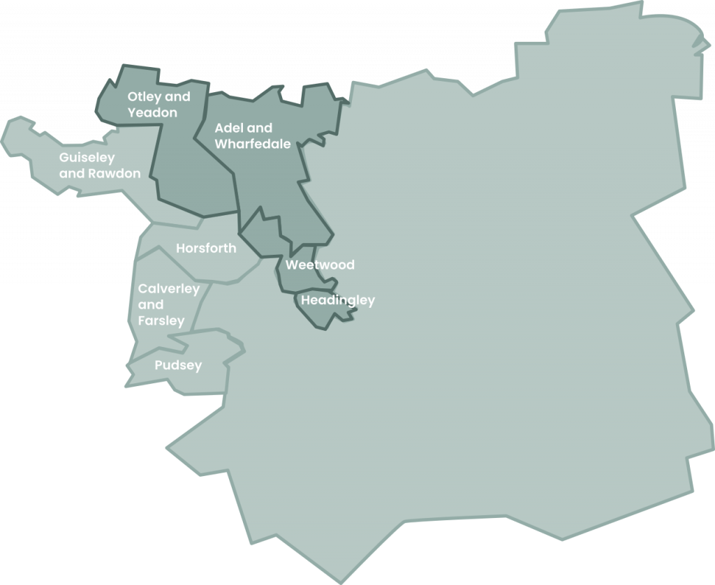 Graphic showing Leeds North West constituency shape comprising Otley and Yeadon, Adel and Wharfedale, Weetwood and Headingley, within the Leeds city council area. Also shows the old Pudsey constituency wards of Guiseley and Rawdon, Horsforth, Calverley and Farsley, and Pudsey