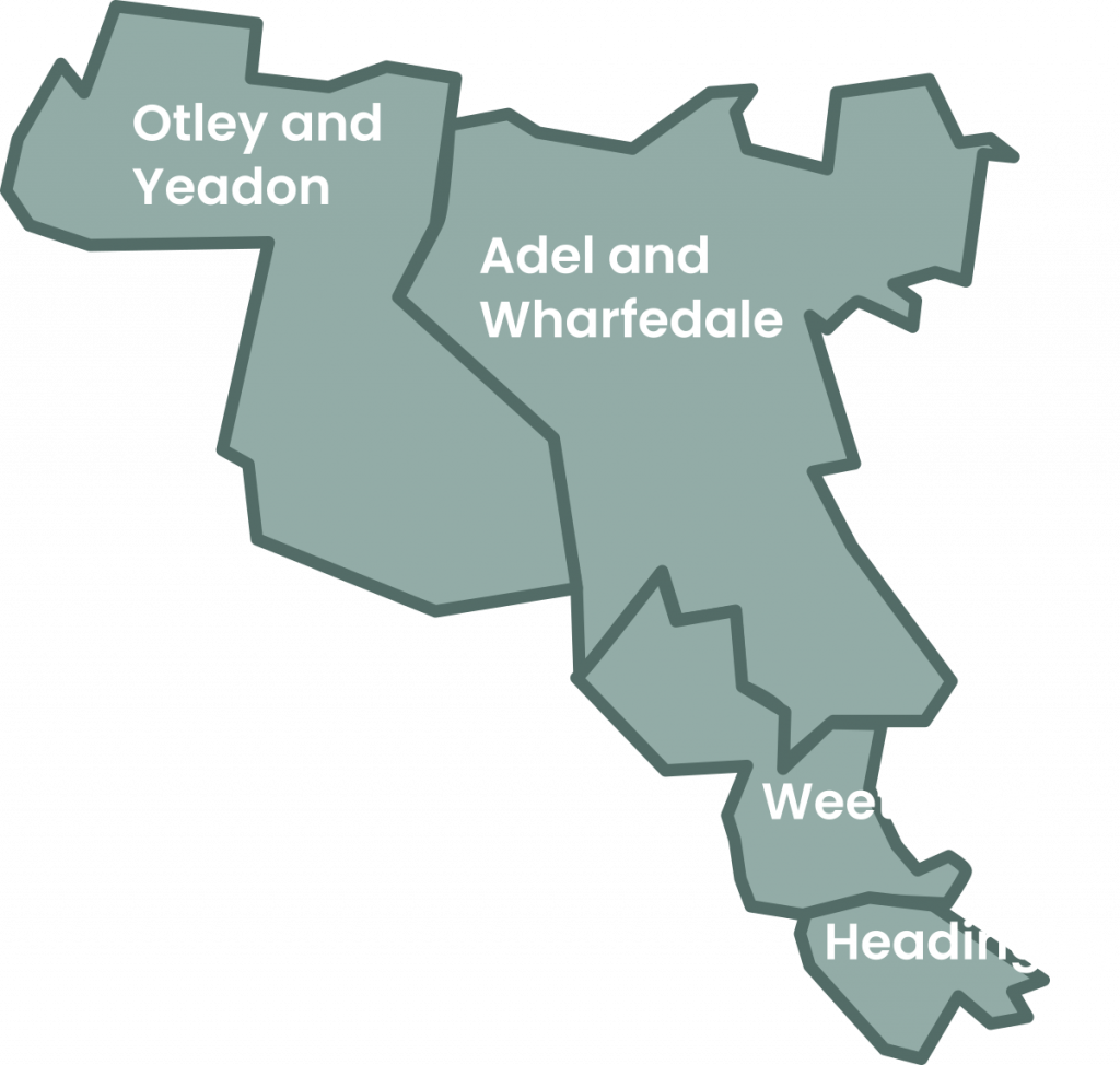 Graphic showing Leeds North West constituency shape comprising Otley and Yeadon, Adel and Wharfedale, Weetwood and Headingley