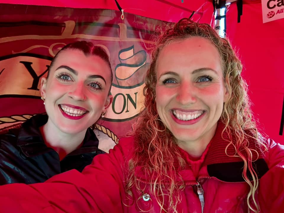 Katie and Sylvia smiling in the Otley and Yeadon Labour party gazebo